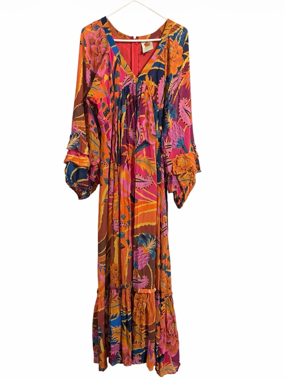 Farm Rio Vintage Wave Maxi Dress Small Colorful Floral Boho Long Sleeve Vacation - Picture 4 of 8